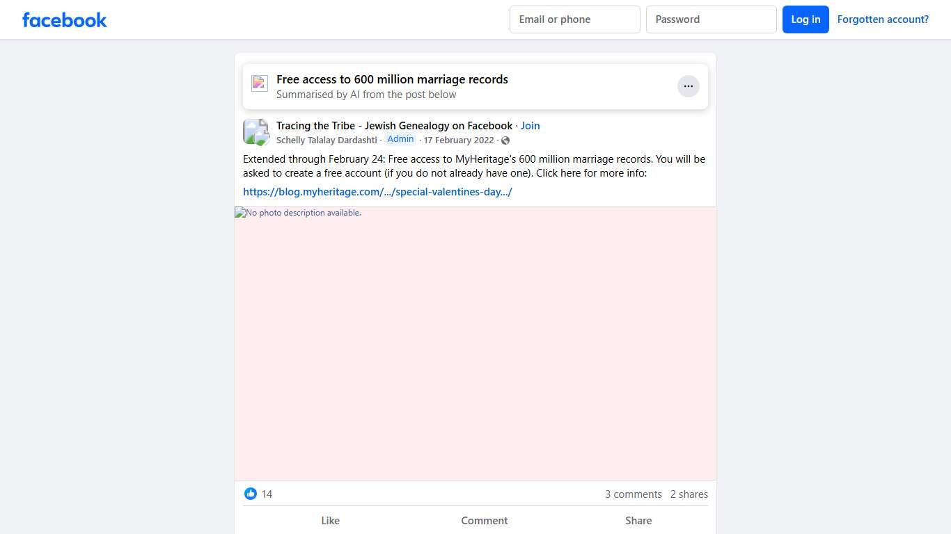Tracing the Tribe - Jewish Genealogy on Facebook Extended through February 24: Free access to MyHeritage's 600 million marriage records Facebook